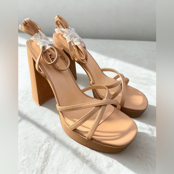 NEW Abbleet Women’s STRAPPY Block Chunky High Heels Open Toe Sandals Tan Size 10 - Picture 12 of 14